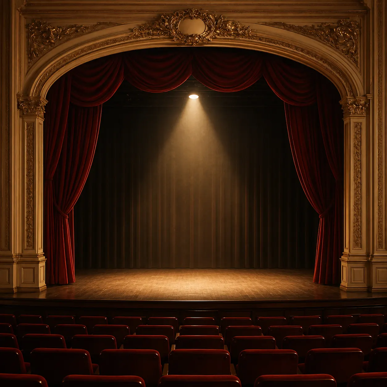 An ornate empty theatre stage lit by a single warm spotlight